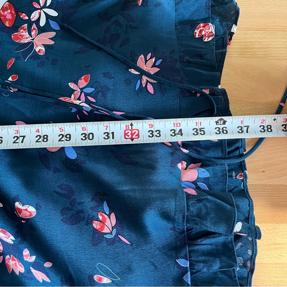 Lulu’s Teal Blue Floral Wrap Mini Dress large flatter wedding guest date night - Picture 7 of 8